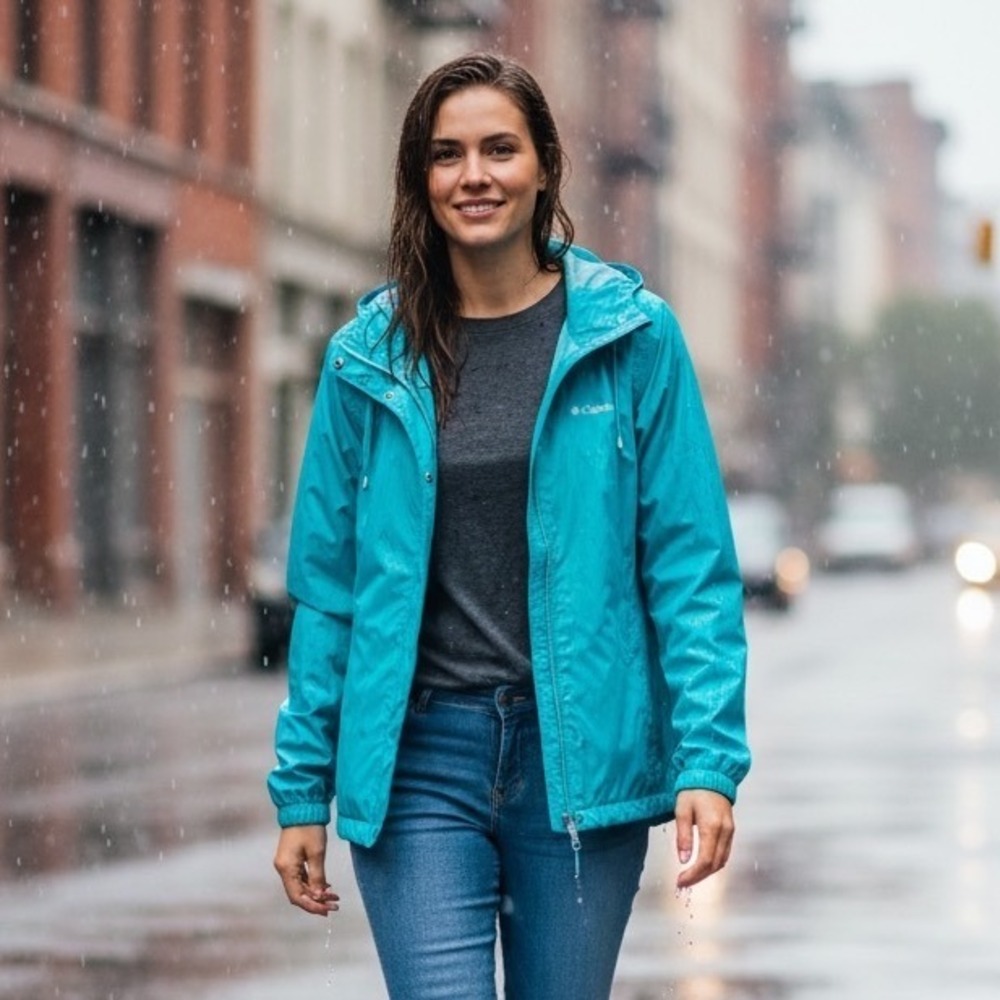 Columbia Womens Teal Blue Lightweight Hooded Windbreaker Jacket Size M Full Zip